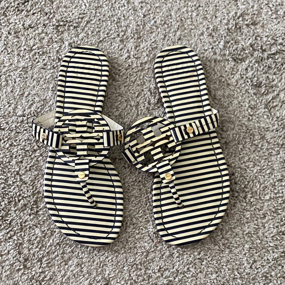 Striped Black and White Logo Thong Sandals